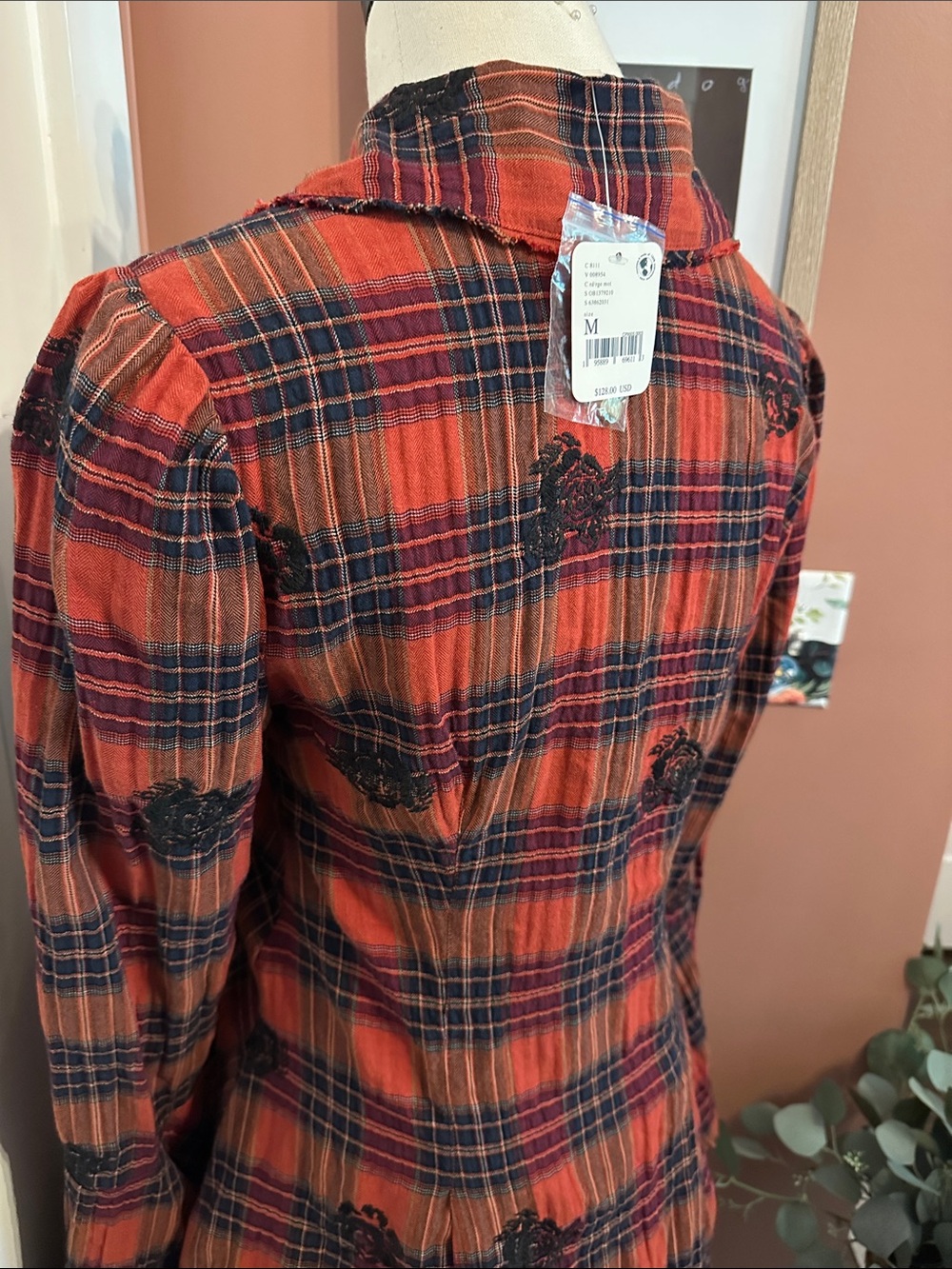 NWT Free People Ezra plaid embroidered button up bell cuff M raw edge tunic - Picture 10 of 16